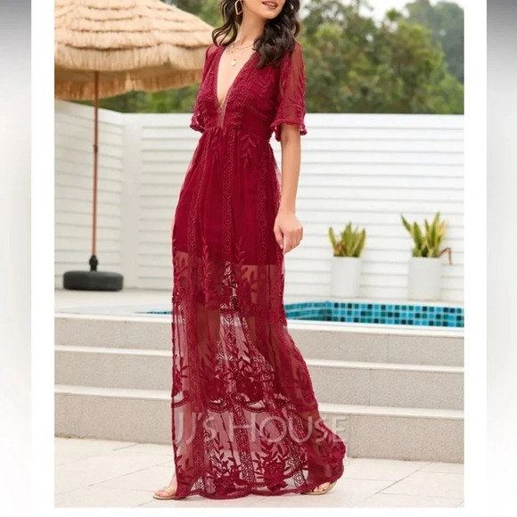 Maroon Deep V-Neck 1/2 Sleeves Sheath Lace Midi Dresses w side slits size small - Picture 5 of 16